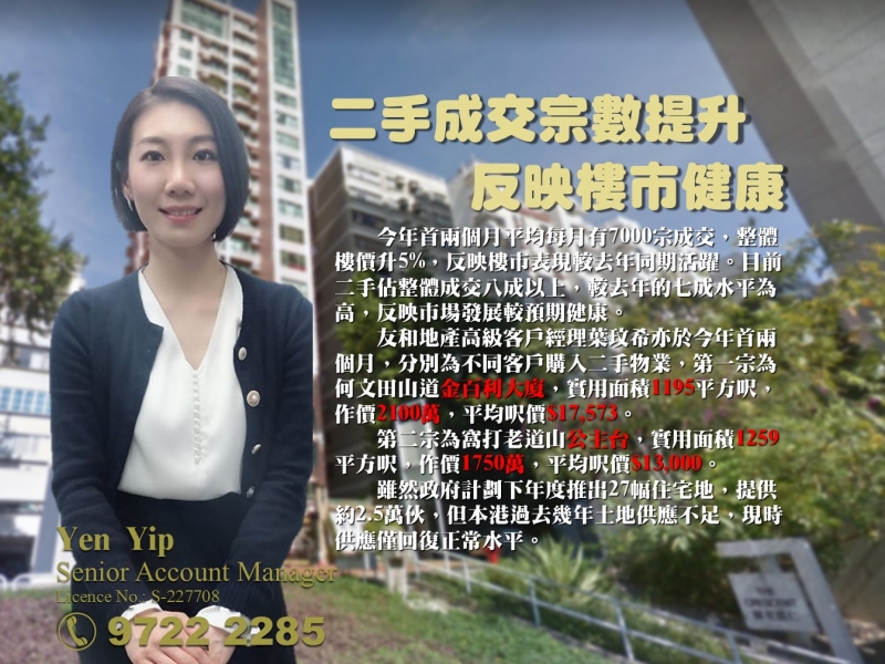 二手成交宗數提升, 反映樓市健康